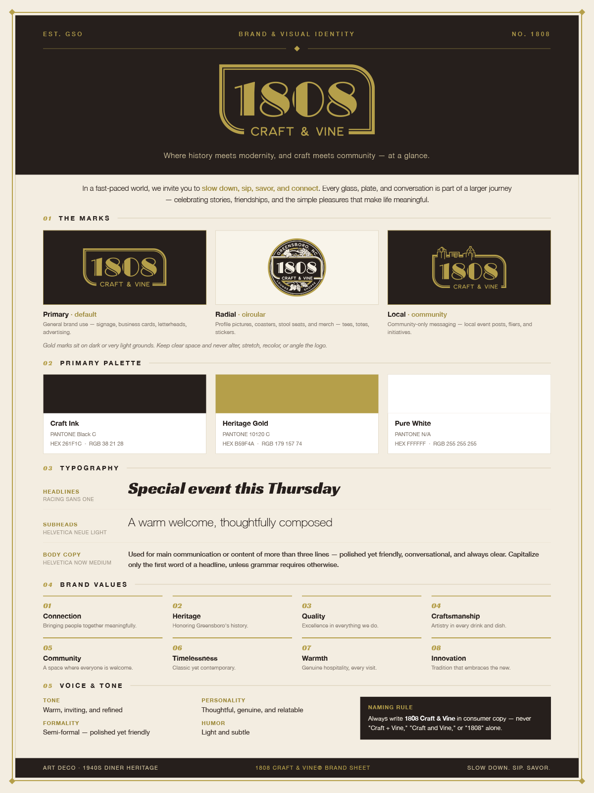 Brand identity system: logo marks, palette, typography, and brand values